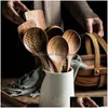 Köksredskapsdelar Thailand Teak Natural Wood Table Boary Spoon Turner Long Rice Rice Colander Soup Skimmer Cooking Spoons Scoop Kitchen To DHUV2