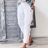 Calças femininas algodão linho longo confortável elástico cintura calças femininas com bolsos cor sólida estilo casual plissado férias outfit