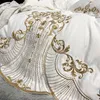 Bedding sets White Soft Satin Cotton Gold Embroidery European Set Double Duvet Cover Bed Linen Lace Skirt Pillowcases 231026