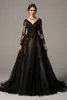 Women Punk Gothic Black Wedding Dresses Sexy V Neck Sequins Beaded A Line Bridal Gowns Vintage Lace Appliqued Boho Country Vestidos De Novia With Long Sleeves CL2823