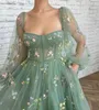 Women Puffy Sleeve Tulle Fairy Floral Lady Dress Chic Tea Length Summer Bridesmaid Dress Flower Lace Formal Evening Prom Gowns