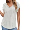 Women's Blouses V Neck Lace Trim Shirt White Jacquard Hollowed Out Short Sleeve Shirts & Top Autumn Clothes