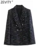 Womens Suits Blazers ZEVITY Women Vintage Notched Collar Colorful Ribbon Plaid Tweed Woolen Blazer Coat Female Outerwear Chic Suits Veste Tops CT2982 231026