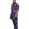 Homens Tracksuits Homens Africanos Imprimir Set Long Placket Tops Cintura Elástica Calças Nigerian Moda Mangas Curtas Noivo Terno para