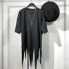 Men's T-Shirts Short Sleeve T - Shirt Summer Brunet Round Collar Personality Cutting Fringe Design In The Long Fashion303I
