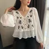 Women's Blouses Ladies Hollow Out Lace Hook Flower Lantern Sleeve Blouse Shirt Tops Knitted Loose Retro Short Pullover Shirts Women Autumn