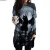 Damen Hoodies Herbst und Winter Langarm Pullover Black Series Bedrucktes T-Shirt Kleid Halloween Horror Lustiges Muster Top