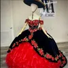 Luxe Mexicain Charro Noir Rouge Quinceanera Robes 2024 Vestio XV Fleur Débutante Douce 16 Robe Perlée Organza Seize Robe D'anniversaire Fatiguée Robe De 15 Anos Para