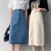Kjolar mexzt vintage slits denim kvinnor en linje hög midja solid midi kjol koreansk kontor lady casual alla matchar rak 231025