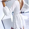 NANKEY Sexy col en v profond dos nu blanc femmes robe Modis élégant évider streetwear bohème robe de plage été X1224291S