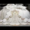 Bedding sets White Soft Satin Cotton Gold Embroidery European Set Double Duvet Cover Bed Linen Lace Skirt Pillowcases 231026