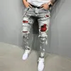 Herren Ripped Skinny Jeans Patchwork Grid Stretch Casual Denim Bleistift Hosen Mann Mode Farbe Malerei Jogging Hose männlich 29273Y