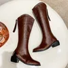 Boots Autumn Winter Cowboy Western Women Fashion Point Toe Thick Heels Knee High Woman Back Zipper Pu Leather Long Botas 231025