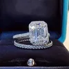 Anillo de diamante de laboratorio de corte esmeralda de 2 quilates Conjuntos nupciales Plata de ley 925 real Anillos de boda de compromiso para mujeres Joyas de gemas nupciales 21195I