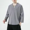 Vêtements ethniques Style chinois Big Col V Couleur pure T-shirt à manches longues pour hommes Costume Tang Hanfu Tees lâches Sinicism Chemise en lin de coton