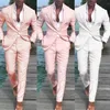 남자 양복 블레이저스 의상 Homme Pink Suit for Groomsman Beach Wedding Linen 2022 Summer 2 조각 남자 휴일 휴가 Made327a