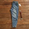 Jeans masculinos 3265 # outono japonês retro denim carga algodão lavado velho cintura elástica cordão reto tornozelo-amarrado calças