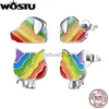 Stud Wostu Rainbow Dog and Cat 925 Sterling Silverörhängen Färgglada emalj för kvinnor Girl Fine Jewelry Party Gift YQ231026