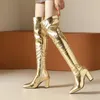 Stövlar guld silver mode kvinnor över knä 2024 Autumn Winter Y High Heel lår PU -läder blixtlås damer 231025