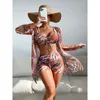 Kvinnors badkläder Kvinnor Floral Print Bikinis Set 2023 Sexig tre -stycken Beach Cover Up Push Summer Long Sleeve Twist Bathing Suit