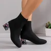 Botas mulheres salto alto curto inverno designer quadrado dedo do pé malha respirável estiramento meia deslizamento em sapatos de plataforma 231025