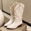 Botas Branco Joelho Alto Cowboy para Mulheres Outono Pu Couro Chunky Saltos Mulher Plus Size 42 Pointed Toe Botas Ocidentais 231025