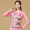 Etniska kläder cheongsam kvinnors plus size korta toppar 2023 Autumn Cotton Blend Mesh Splicing broderi Slim Chinese Style Qipao Shirts