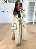 Women's Wool Blends Quilted Long Trench Coat For Women Gray Belted Open Stitch Overcoat Fashion Streetwear Jackets 2023 231026