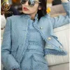 SMTHMA arrivo moda donna blu e rosa giacca in tweed cappotto due pezzi senza maniche nappa set2790