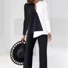 Женские брюки из двух предметов, элегантные комплекты брюк в стиле пэчворк, асимметричный топ с вырезами на пуговицах, брючный костюм с длинными рукавами, одинаковый комплект одежды, одежда