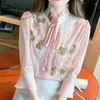 Women's Blouses Flower Embroidery Diamonds Stand Neck Bow Chiffon Pink Shirt Blouse Women 2023 Autumn Fashion Elegant Sweet Lace Up Top