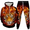 Herrspårar Tiger Mönster 3D Printed Animal Tracksuit Set Casual Hoodie and Pants 2st Overized Sweatshirt Fashion Men Clothing