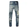 Jeans da uomo Il marchio di alta qualità Azzurro Streetwear Slim Fit Lettere in pelle Toppe ricamate elasticizzate