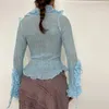 Women's Blouses Hirigin Women Y2k Long Sleeve Ruffle Trim Shirt Sexy Sheer Mesh See Through Cropped Top Fairy Deep V Neck Tee Streetwear