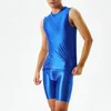 Men's Jeans Mens Glossy Suit Sexy Silky Transparent Pants And Vest Bodybuilding. Latex Shorts Men