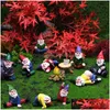 Decoratieve objecten beeldjes 12st/set Mini Fairy Garden Dronken Yoga Kabouters Miniatuur Ornamenten Set Dwerg Vreugdevuur Standbeelden Bloempot Deco Dh8Aj