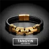 Woven Leather Wrapping Special Style Classic Stainless Steel Locomotive Chain Men's Bracelets For MenCharm Charm236M