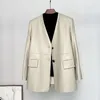 Women's Leather Fall 2023 First Layer Lambskin Women V-neck Blazer Coats Fashion Two Buttons Ladies Genuine Jackets