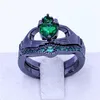 Nouveau Claddagh anneau pierre de naissance bijoux anneaux de mariage ensemble pour les femmes vert 5A Zircon Cz noir or rempli femme fête Ring304a