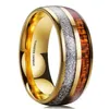 Bröllopsringar Trendiga 8mm Men's Golden Stainless Steel Ring Hawaiian Koa Wood and Meteorites Inlaid Dome Engagement Bandweddin185U