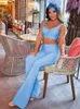 Women's Two Piece Pants BEAUKEY Sky Blue Luxury Bandage 2 Pieces Set Autunm Winter 2023 Women Bustier Top Quality Vest Floor Length High