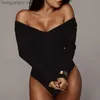 Kadın Tulumları Seks Seks Kadınlar Omuz Kapalı Omuz Bodysuit Uzun Kollu Tulum Romper Jumper Leotard Vücut Üst Katı Beyaz Kırmızı Üst Bodysuits T231026