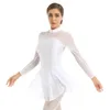 Stage Wear Femmes Brillant Figure Patinage sur glace Roller Ballet Robe de danse Strass Sheer Mesh Manches longues Keyhole Justaucorps