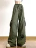 Calças femininas wsevypo exército verde baggy carga elástica cintura cordão letras imprimir calças compridas soltas com bolsos streetwear