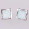 Boucles d'oreilles KONGMOON 9x9 forme carrée opale de feu blanche plaqué argent bijoux pour femmes Piercing