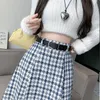 Юбки, осенне-зимняя шерстяная юбка для женщин, высокая эластичная талия, клетчатая с поясом, корейская мода, длинная трапециевидная юбка 231025