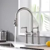 Kitchen Faucets Anti-Fingerprint Spot Brushed Nickel 2 Lever Double Bridge Faucet With Pull Down Spout