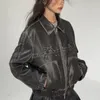 Veste de moto en cuir pour femme, avec nœud, fermeture éclair, col Polo, doux, Cool, personnel, rue, Vintage, manteaux surdimensionnés, mode automne