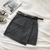 Saias coreano irregular senhora saia feminina outono doce cintura alta aline mini cinto vintage casual mulheres xadrez faixas 231025