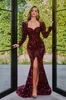 Glitter Burgundy cekinowe sukienki wieczorowe syreny arabskie aso ebi długie rękawy formalne okazje suknie balowe zamiatanie pociągu front podzielony sexy druga sukienka recepcyjna cl2827